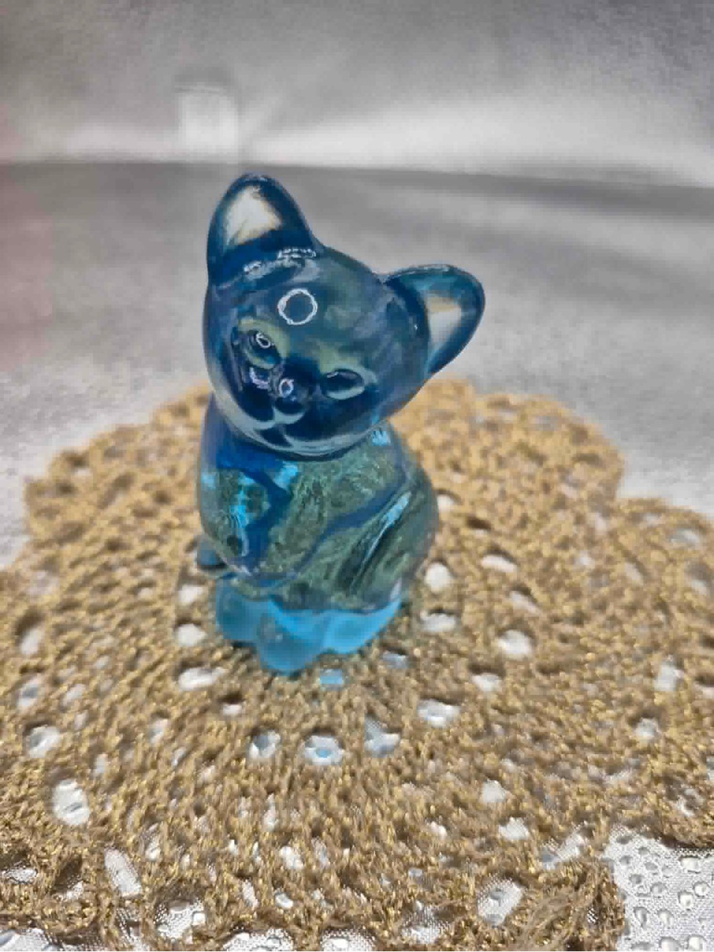 RARE Fenton Cat Figurine Mini 2.5” Light Blue Glass Kitten - Vintage